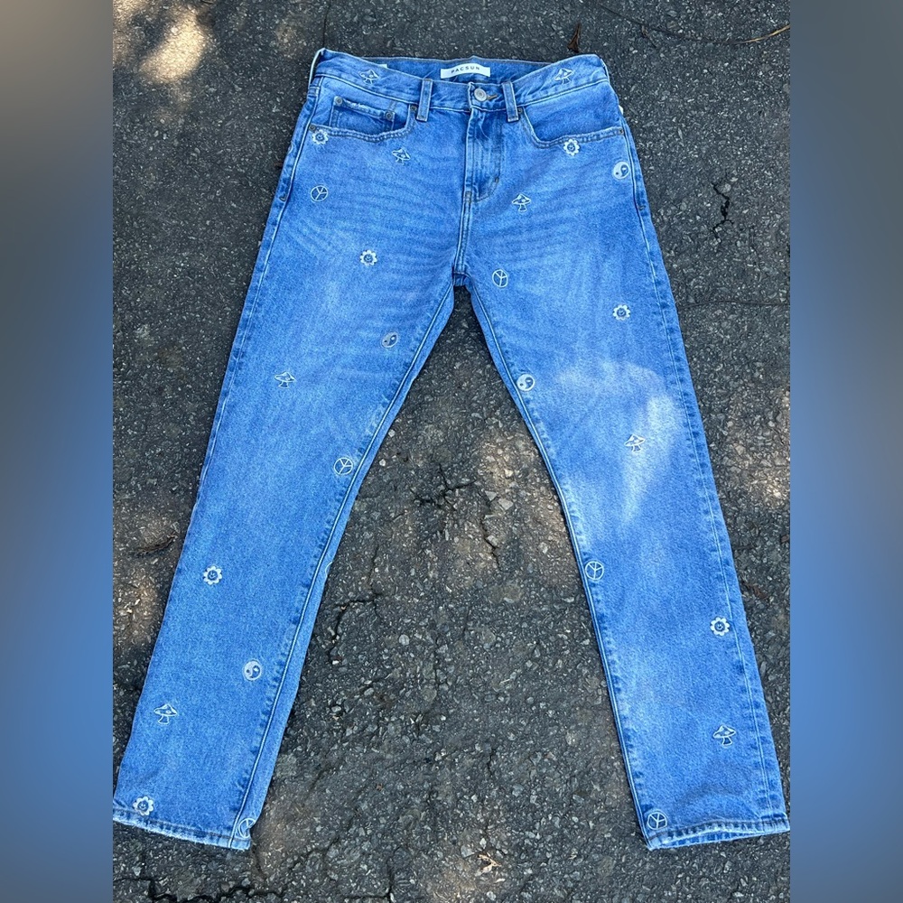 PacSun Allover Embroidered Print / slim Tapered Leg Jeans- size 28x30
